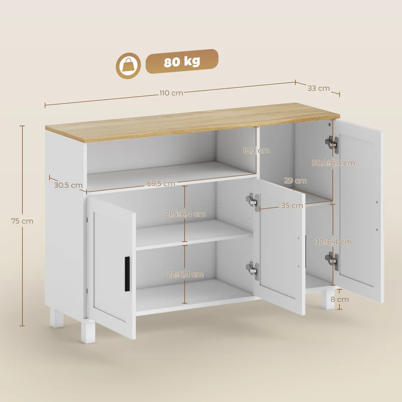 Buffet de rangement salle à manger 110 x 33 x 75 cm étagères réglables anti-basculement design épuré utile en MDF blanc 21_0003579