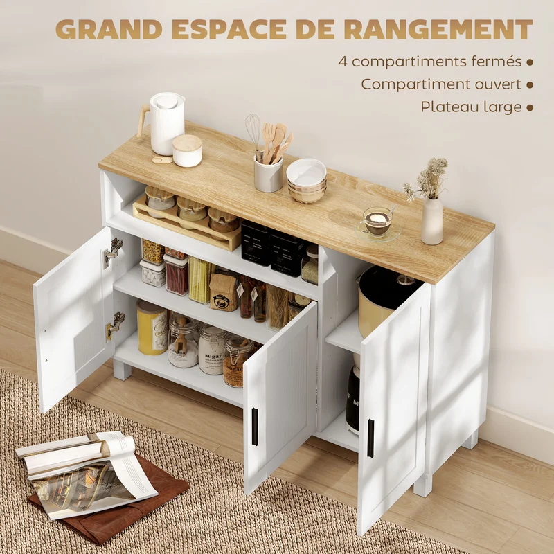Buffet de rangement salle à manger 110 x 33 x 75 cm étagères réglables anti-basculement design épuré utile en MDF blanc 21_0003579