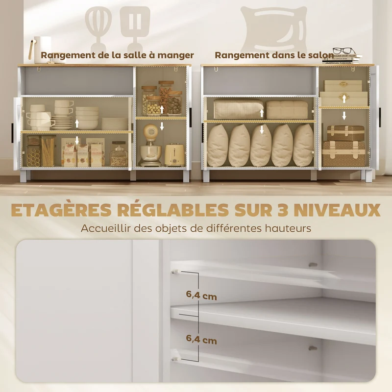 Buffet de rangement salle à manger 110 x 33 x 75 cm étagères réglables anti-basculement design épuré utile en MDF blanc 21_0003579