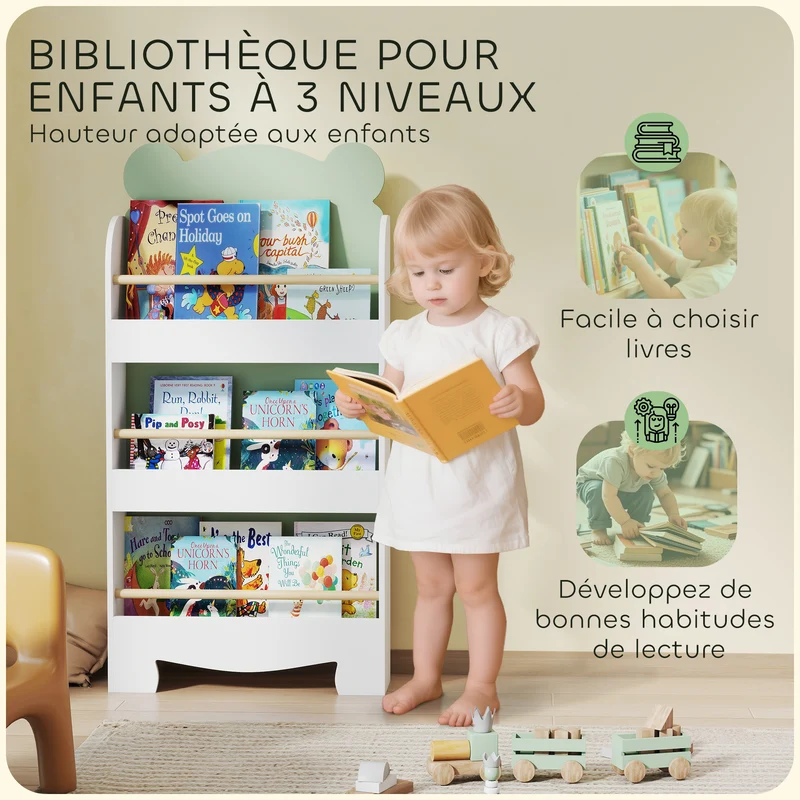 Bibliothèque pour enfant en forme d'ours rangement 55 x 15 x 110 cm 3 niveaux anti basculement scandinave en MDF blanc 21_0000164