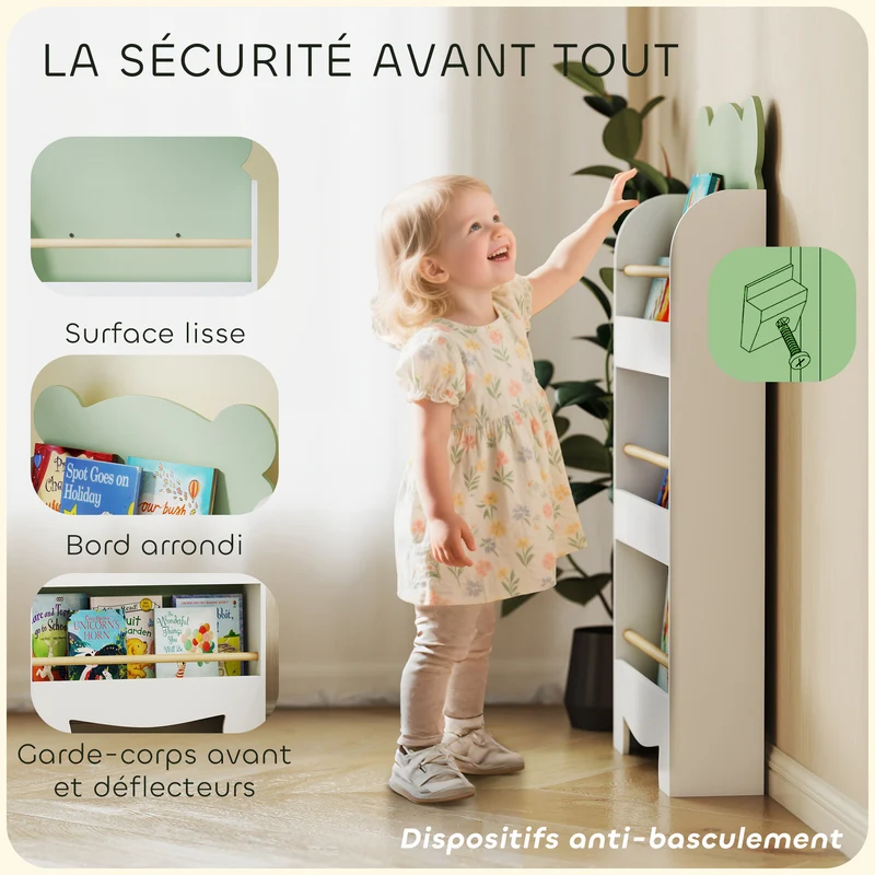 Bibliothèque pour enfant en forme d'ours rangement 55 x 15 x 110 cm 3 niveaux anti basculement scandinave en MDF blanc 21_0000164