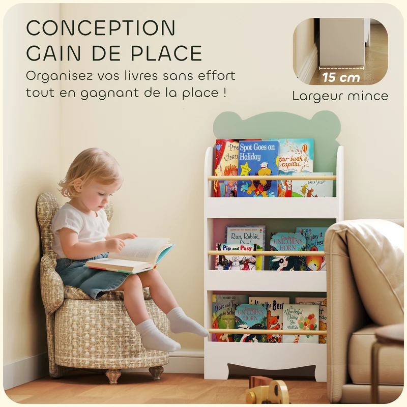 Bibliothèque pour enfant en forme d'ours rangement 55 x 15 x 110 cm 3 niveaux anti basculement scandinave en MDF blanc 21_0000164