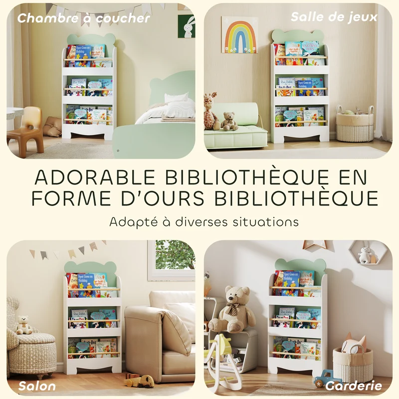 Bibliothèque pour enfant en forme d'ours rangement 55 x 15 x 110 cm 3 niveaux anti basculement scandinave en MDF blanc 21_0000164