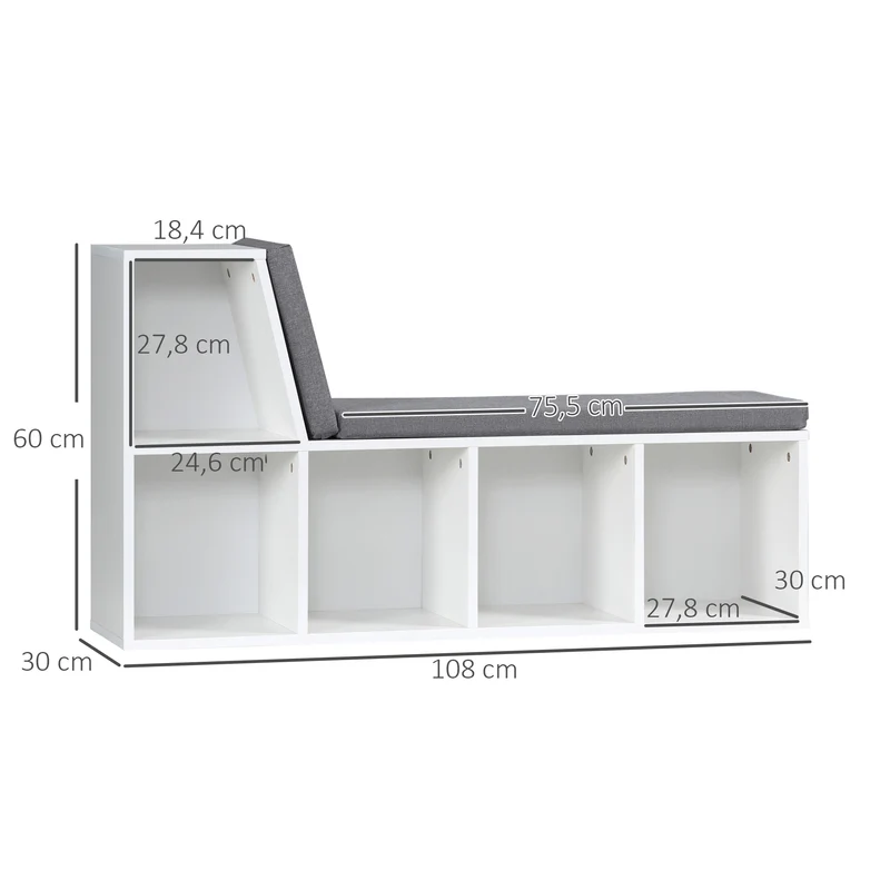 Banquette bibliothèque 2 en 1 entrée 108 x 30 x 60 cm rangement 5 compartiments cosy contemporain pratique en MDF gris 21_0002487