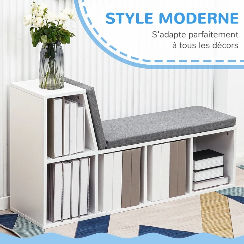 Banquette bibliothèque 2 en 1 entrée 108 x 30 x 60 cm rangement 5 compartiments cosy contemporain pratique en MDF gris 21_0002487