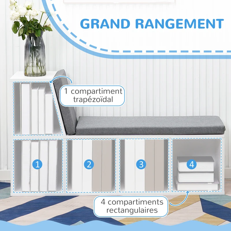 Banquette bibliothèque 2 en 1 entrée 108 x 30 x 60 cm rangement 5 compartiments cosy contemporain pratique en MDF gris 21_0002487