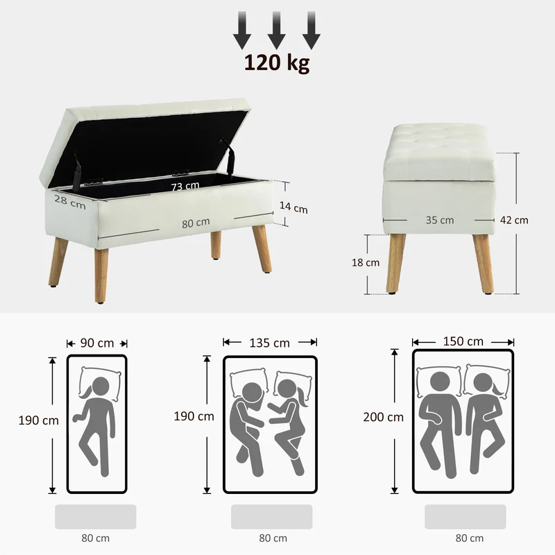 Banc de rangement coffre pouf chambre 80 x 35 x 42 cm assise rembourrée capitonné style scandinave en velours crème 21_0002953