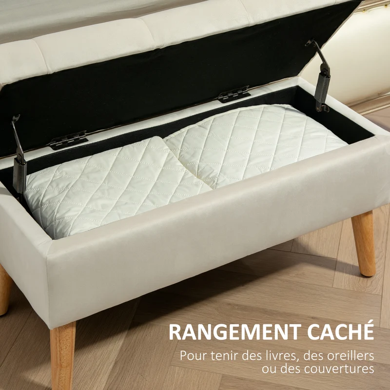 Banc de rangement coffre pouf chambre 80 x 35 x 42 cm assise rembourrée capitonné style scandinave en velours crème 21_0002953