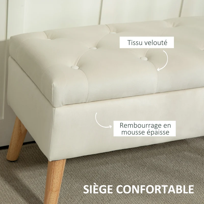 Banc de rangement coffre pouf chambre 80 x 35 x 42 cm assise rembourrée capitonné style scandinave en velours crème 21_0002953