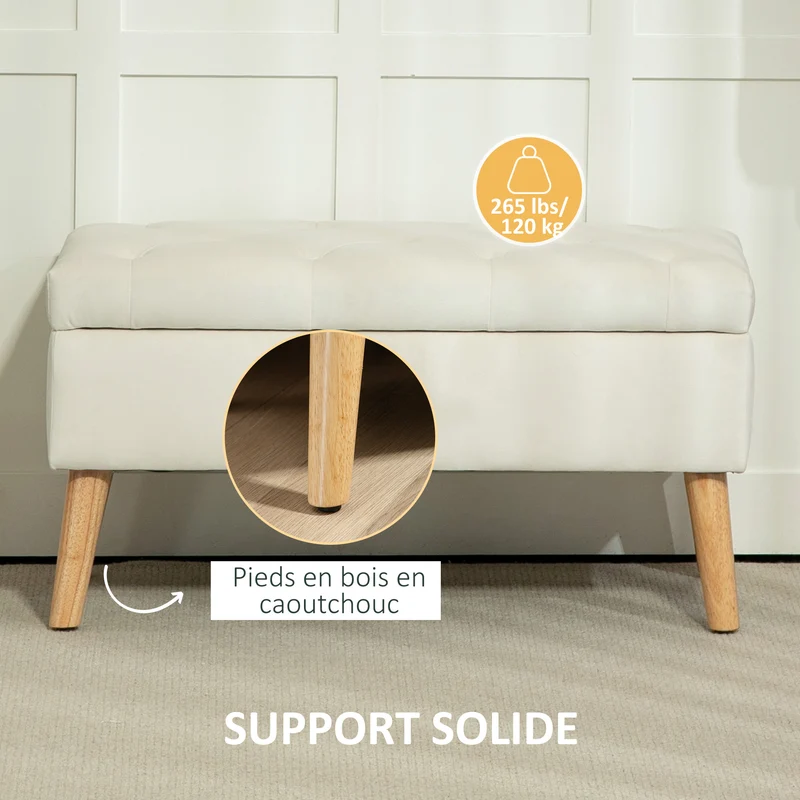 Banc de rangement coffre pouf chambre 80 x 35 x 42 cm assise rembourrée capitonné style scandinave en velours crème 21_0002953