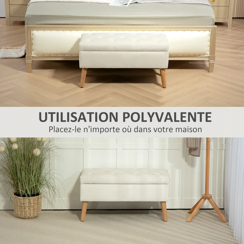 Banc de rangement coffre pouf chambre 80 x 35 x 42 cm assise rembourrée capitonné style scandinave en velours crème 21_0002953