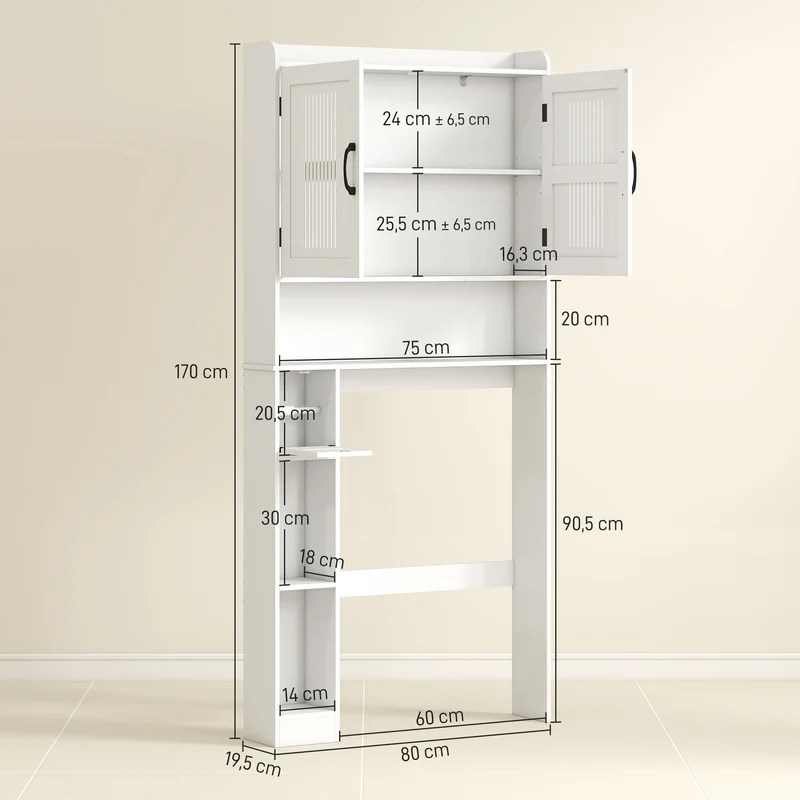 Armoire au-dessus des toilettes 80 x 19,5 x 170 cm gain de place et porte rouleau intégré moderne épuré en MDF blanc 21_0002092