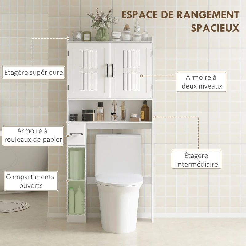 Armoire au-dessus des toilettes 80 x 19,5 x 170 cm gain de place et porte rouleau intégré moderne épuré en MDF blanc 21_0002092