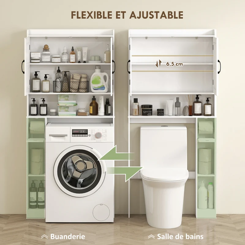 Armoire au-dessus des toilettes 80 x 19,5 x 170 cm gain de place et porte rouleau intégré moderne épuré en MDF blanc 21_0002092