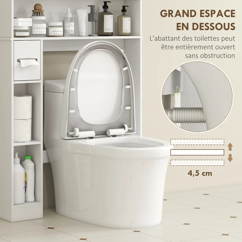 Armoire au-dessus des toilettes 80 x 19,5 x 170 cm gain de place et porte rouleau intégré moderne épuré en MDF blanc 21_0002092