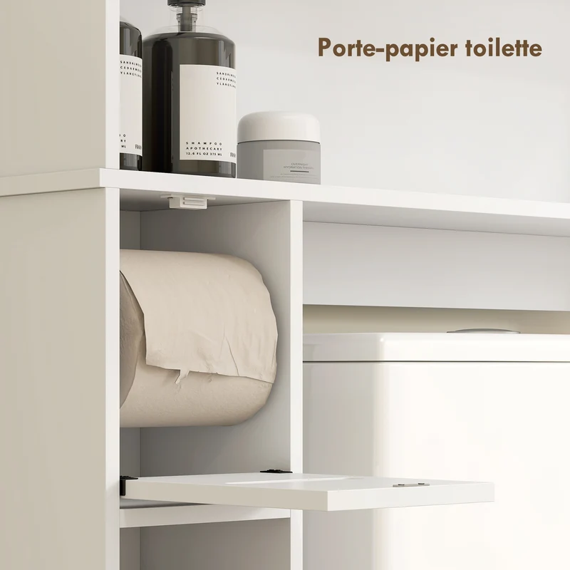Armoire au-dessus des toilettes 80 x 19,5 x 170 cm gain de place et porte rouleau intégré moderne épuré en MDF blanc 21_0002092