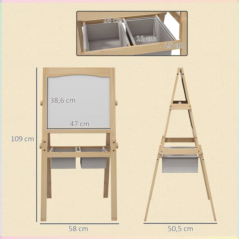 Tableau chevalet enfant 3 en 1 ardoise rouleau papier 58 x 50,5 x 109 cm paniers éducatif moderne stable en MDF naturel 21_0000702
