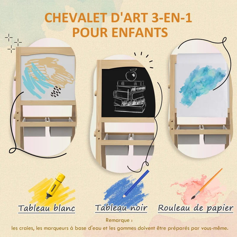 Tableau chevalet enfant 3 en 1 ardoise rouleau papier 58 x 50,5 x 109 cm paniers éducatif moderne stable en MDF naturel 21_0000702