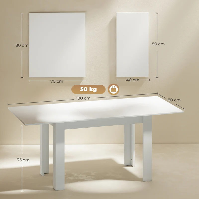 Table à manger extensible 6 à 8 personnes 140 x 80 x 75 à 180 x 80 x 75 cm rails intégrés style moderne en MDF blanc 21_0003315