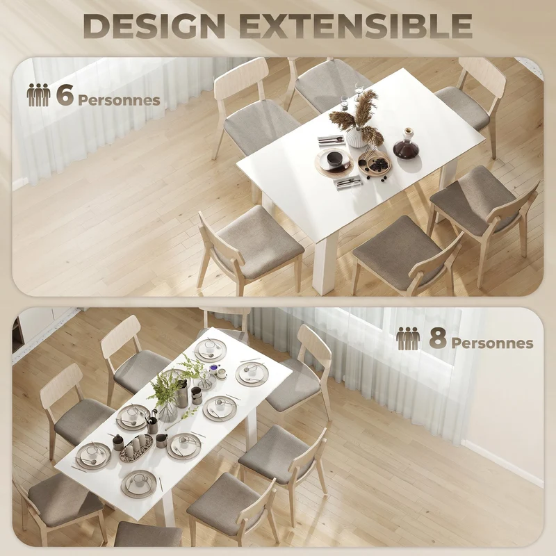 Table à manger extensible 6 à 8 personnes 140 x 80 x 75 à 180 x 80 x 75 cm rails intégrés style moderne en MDF blanc 21_0003315