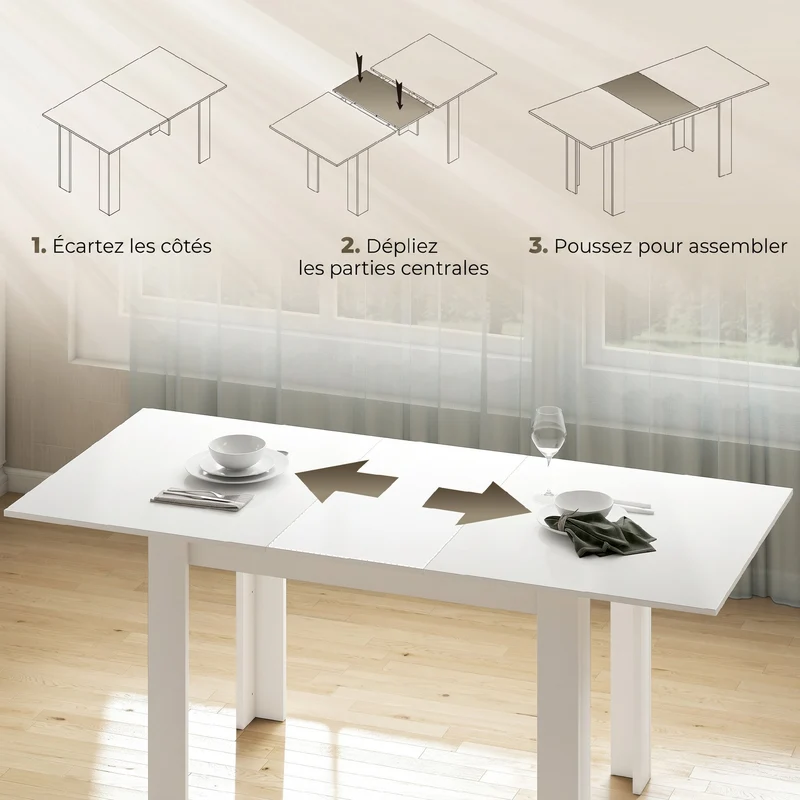 Table à manger extensible 6 à 8 personnes 140 x 80 x 75 à 180 x 80 x 75 cm rails intégrés style moderne en MDF blanc 21_0003315