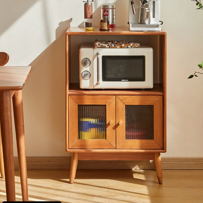 Traditional Japanese Rectangular Pine & Multi-Layer Solid Wood Ripple Glass Sideboard 1/4-Cabinet For Living Room & Dining Room