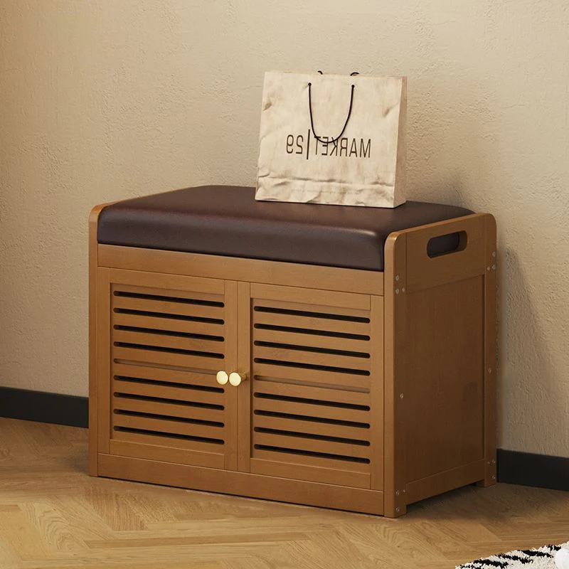 Modern Minimalist Rectangular Bamboo Faux Leather Shoe Bench 2/3/4-Cabinet For Entryway