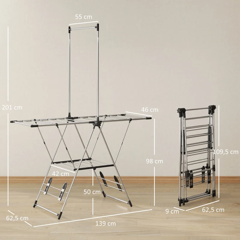 Séchoir à linge pliable 139 x 62.5 x 201 cm ailes réglables 5 niveaux compact moderne épuré en acier inoxydable argenté 21_0005885