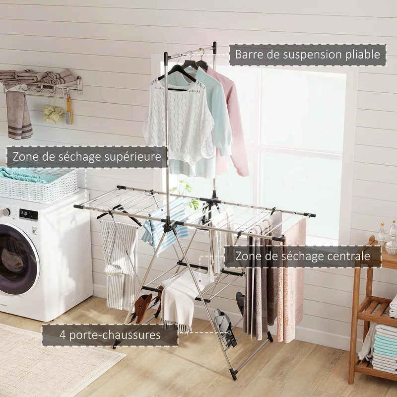 Séchoir à linge pliable 139 x 62.5 x 201 cm ailes réglables 5 niveaux compact moderne épuré en acier inoxydable argenté 21_0005885