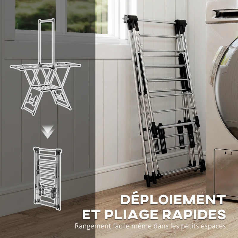Séchoir à linge pliable 139 x 62.5 x 201 cm ailes réglables 5 niveaux compact moderne épuré en acier inoxydable argenté 21_0005885