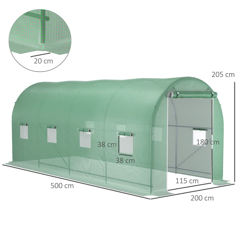 Serre tunnel jardin 5 x 2 x 2,05 m protection anti uv aération montage facile style industriel en polyéthylène vert 21_0004102