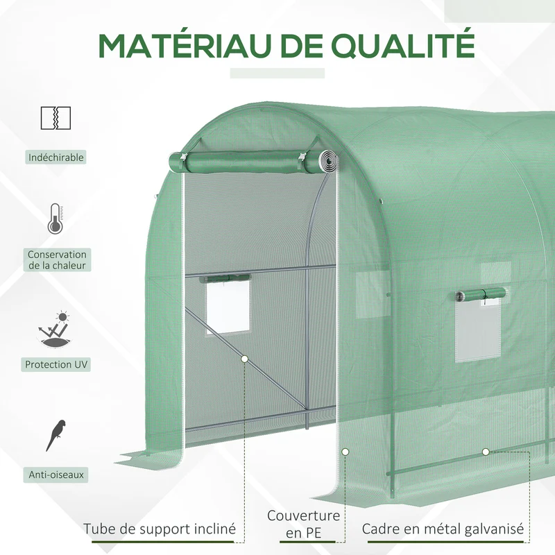 Serre tunnel jardin 5 x 2 x 2,05 m protection anti uv aération montage facile style industriel en polyéthylène vert 21_0004102