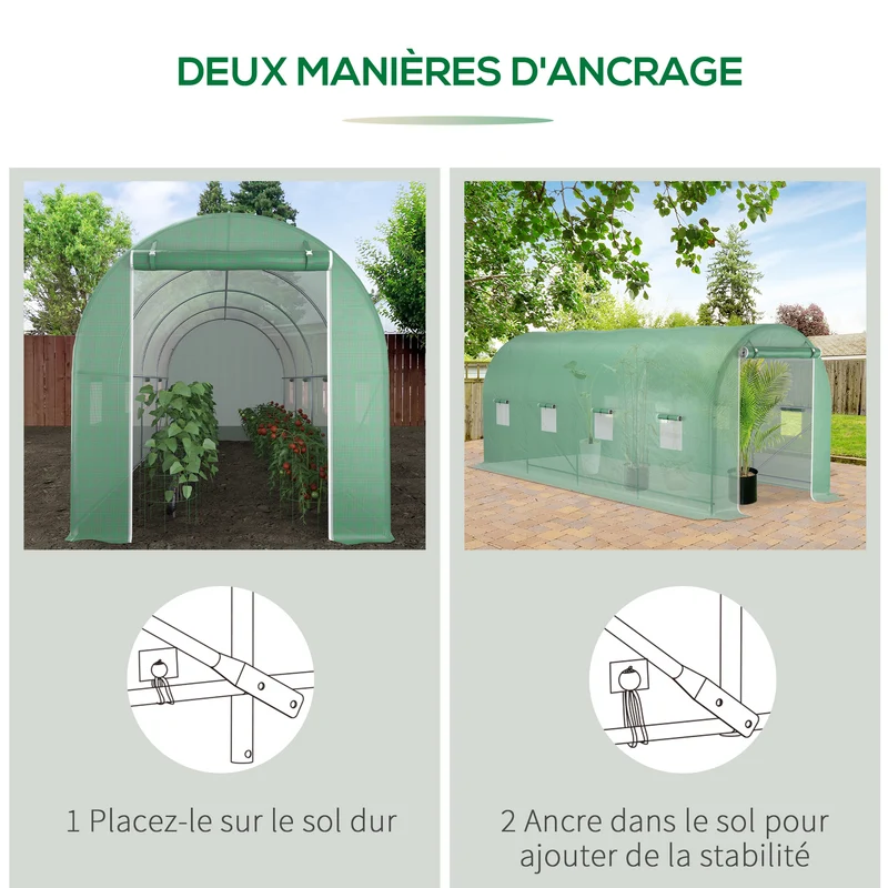 Serre tunnel jardin 5 x 2 x 2,05 m protection anti uv aération montage facile style industriel en polyéthylène vert 21_0004102