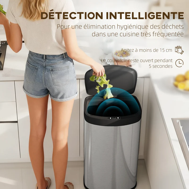 Poubelle de cuisine automatique 38 x 28,5 x 69 cm mains libres fermeture douce moderne épuré en acier inoxydable argenté 21_0005930