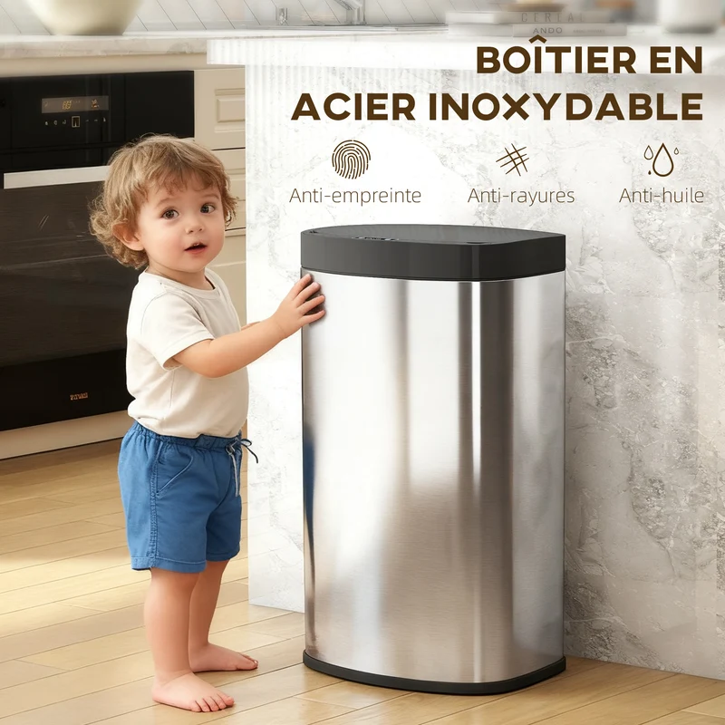 Poubelle de cuisine automatique 38 x 28,5 x 69 cm mains libres fermeture douce moderne épuré en acier inoxydable argenté 21_0005930