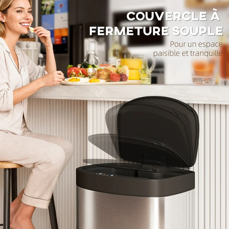Poubelle de cuisine automatique 38 x 28,5 x 69 cm mains libres fermeture douce moderne épuré en acier inoxydable argenté 21_0005930