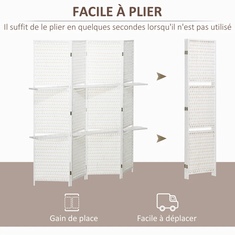 Paravent séparateur 4 panneaux 181 x 180 x 1,6 cm pliable 2 étagères intimité scandinave en bois de pin blanc paille 21_0001251