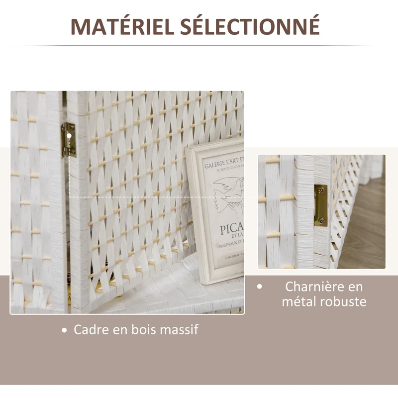 Paravent séparateur 4 panneaux 181 x 180 x 1,6 cm pliable 2 étagères intimité scandinave en bois de pin blanc paille 21_0001251