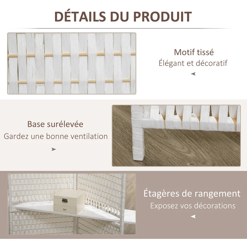 Paravent séparateur 4 panneaux 181 x 180 x 1,6 cm pliable 2 étagères intimité scandinave en bois de pin blanc paille 21_0001251