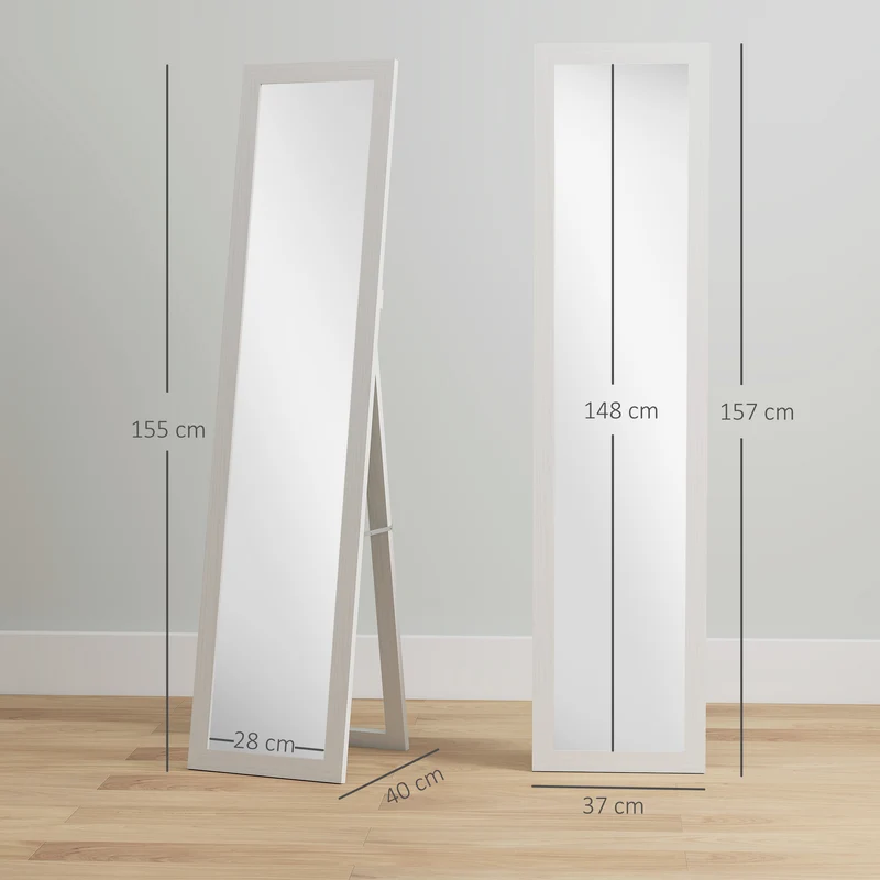 Miroir rectangulaire sur pied et mural 37 x 157 cm pied inclinable fixation murale rapide scandinave épuré en MDF blanc 21_0001576