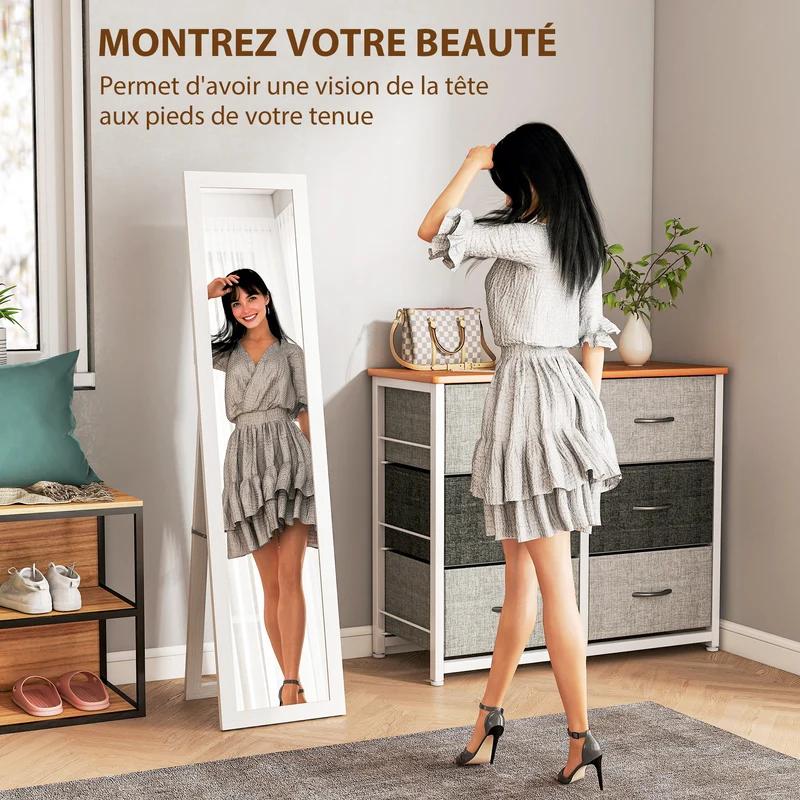 Miroir rectangulaire sur pied et mural 37 x 157 cm pied inclinable fixation murale rapide scandinave épuré en MDF blanc 21_0001576