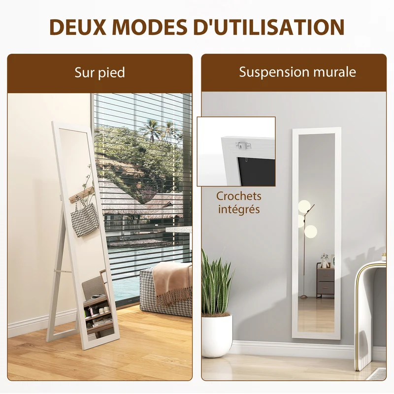 Miroir rectangulaire sur pied et mural 37 x 157 cm pied inclinable fixation murale rapide scandinave épuré en MDF blanc 21_0001576