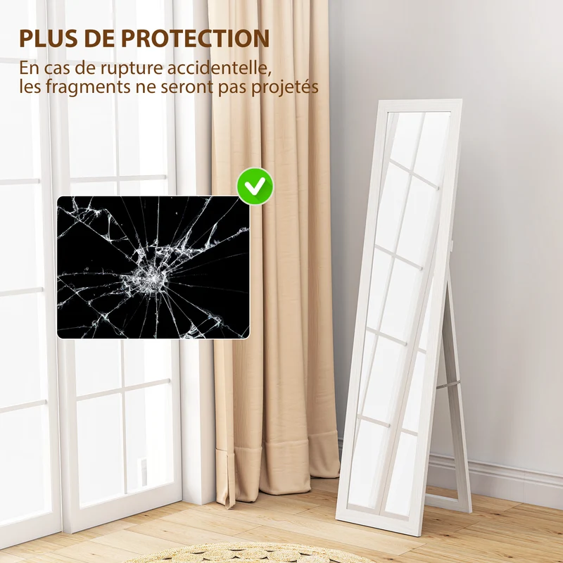Miroir rectangulaire sur pied et mural 37 x 157 cm pied inclinable fixation murale rapide scandinave épuré en MDF blanc 21_0001576