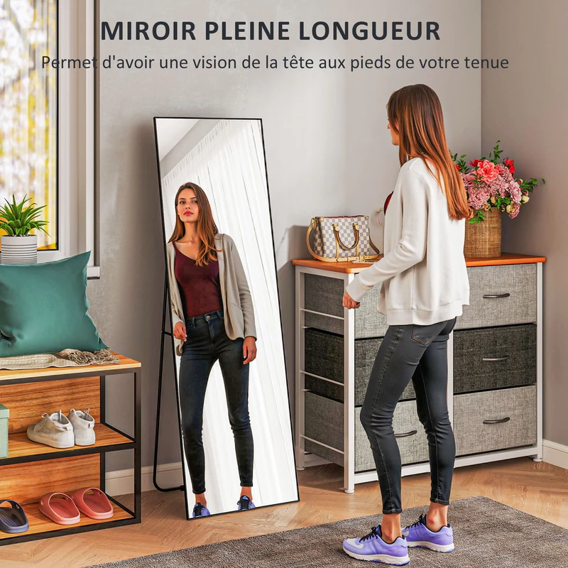 Miroir pleine longueur rectangulaire 50 x 160 cm vue intégrale sans montage sécurité industriel moderne en métal noir 21_0001661
