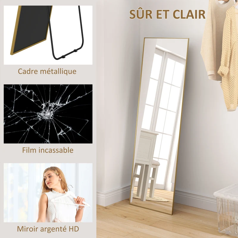 Miroir pleine longueur rectangulaire 50 x 160 cm vue intégrale sans montage sécurité industriel moderne en métal noir 21_0001661