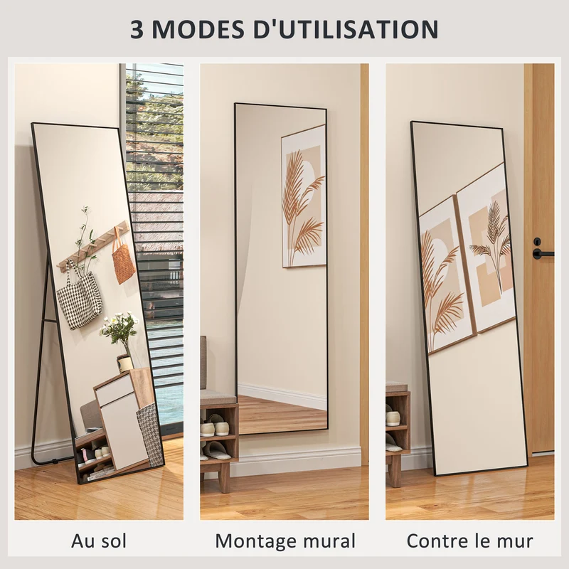 Miroir pleine longueur rectangulaire 50 x 160 cm vue intégrale sans montage sécurité industriel moderne en métal noir 21_0001661