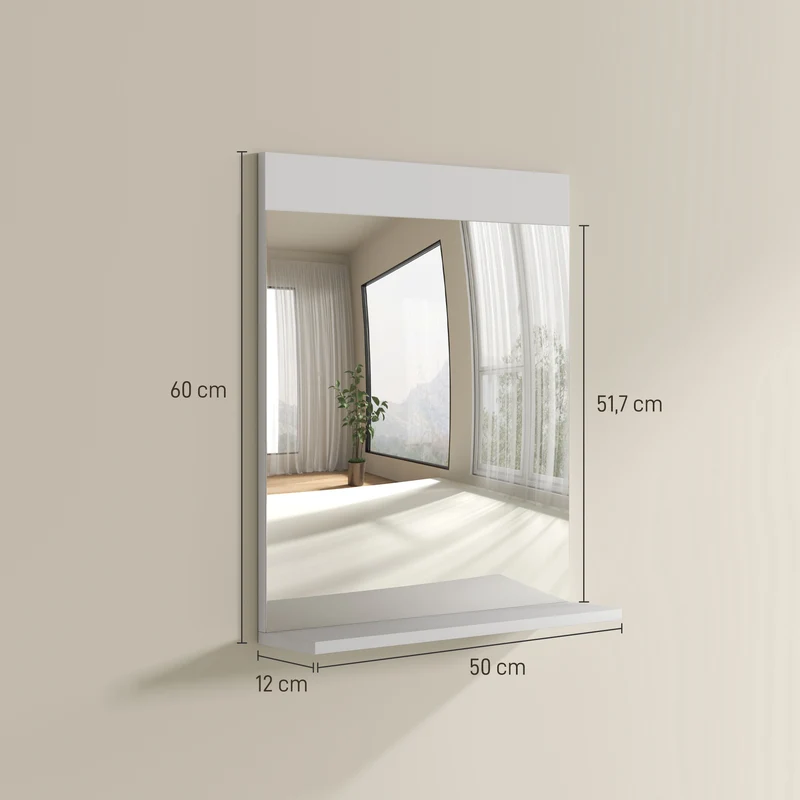 Miroir mural salle de bain salon chambre 50 x 12 x 60 cm étagère rangement gain de place fini brillant épuré en MDF blanc 21_0002042