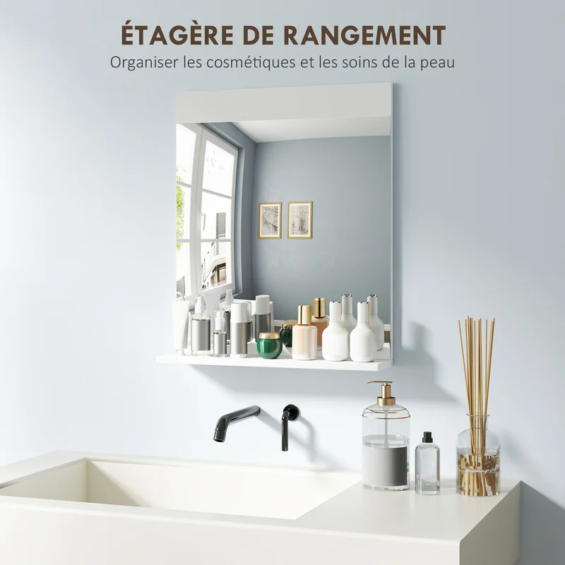 Miroir mural salle de bain salon chambre 50 x 12 x 60 cm étagère rangement gain de place fini brillant épuré en MDF blanc 21_0002042