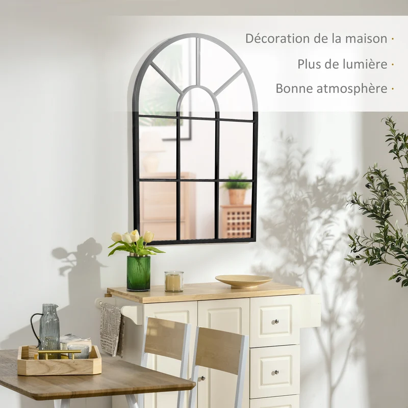 Miroir mural arqué 91 x 60 x 2 cm agrandit et éclaire salon chambre entrée style industriel contemporain en métal noir 21_0001254