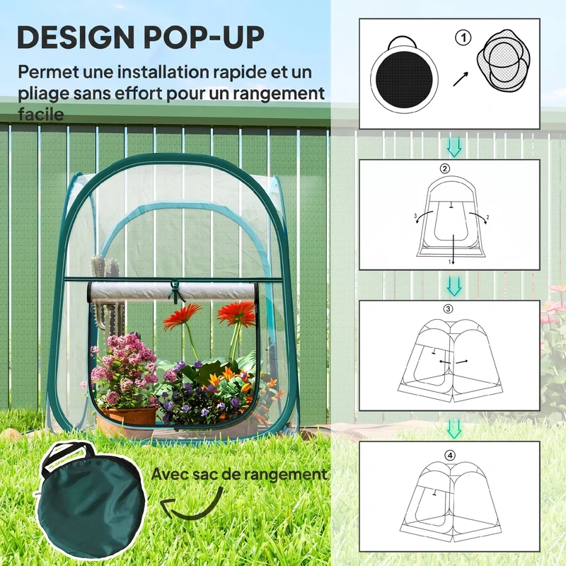 Mini serre pop-up jardin 70 x 70 x 80 cm fenêtre enroulable sac de transport pratique moderne épuré en PVC transparent 21_0005533